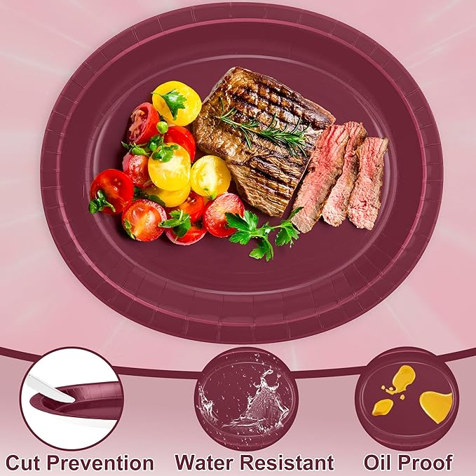 QZYL 50 Count Large Paper Plates, 12.2'' X 10.2'' Oval Wine Red Disposable - Image 3