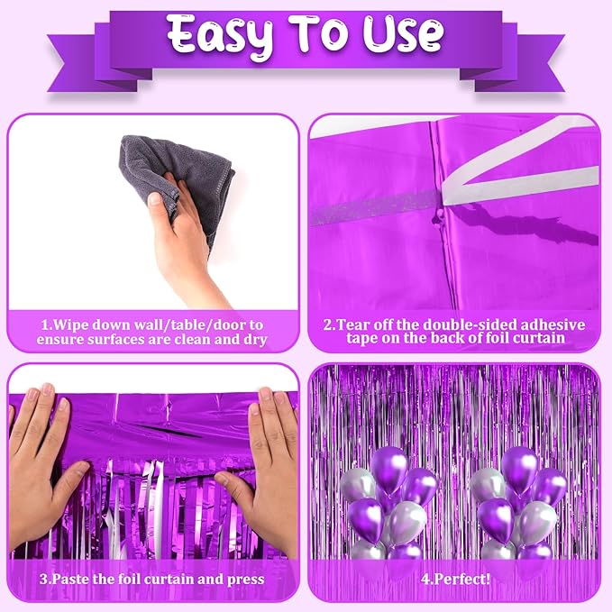2 Pack Purple Foil Fringe Backdrop Curtains, Tinsel Streamers Birthday Party - Image 4