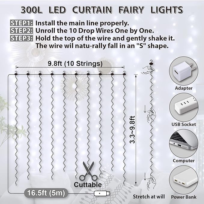 HXWEIYE 300LED Fairy Curtain Lights, 9.8x9.8Ft USB Plug-in 8 Modes Christmas - Image 5