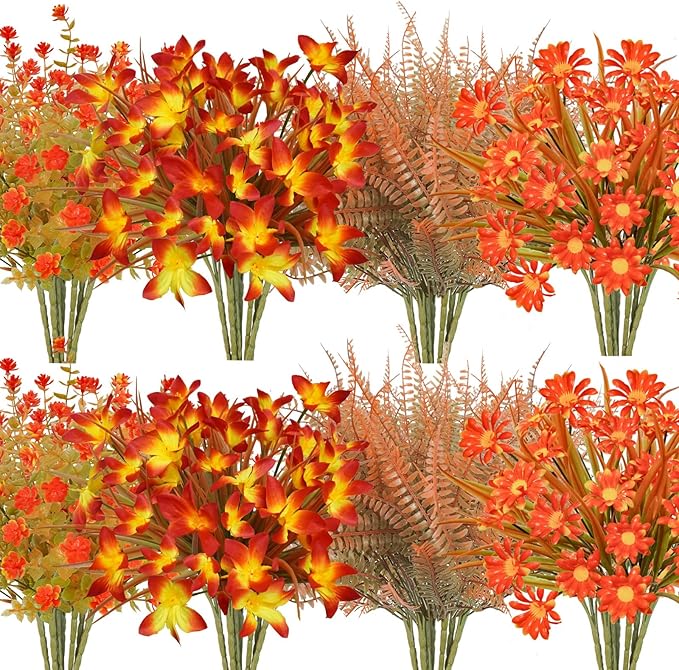 16Pcs Artificial Fall Flowers Outdoor Fake Fall Plants UV Resistant Autumn by Ruidazon