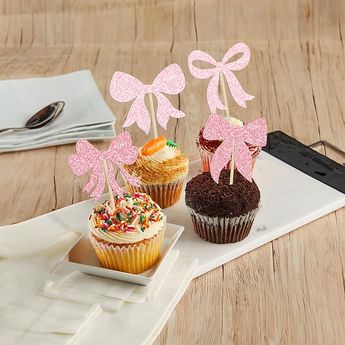 Gyufise 36Pcs Bow Cupcake Toppers Glitter Bowknot Cupcake Picks Bow Tie - Image 5