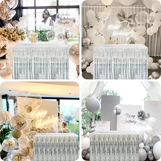 Silver Streamers Party Decorations, 2 Packs Silver Table Skirts Metallic Foil - Image 6