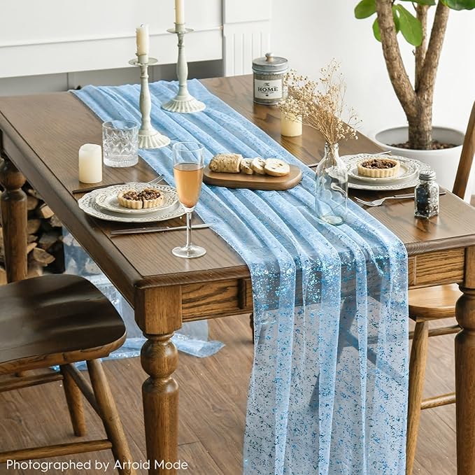 Artoid Mode 3PCS Light Blue Gauze Table Runner 120 Inch 10FT, Glitter Metallic - Image 6