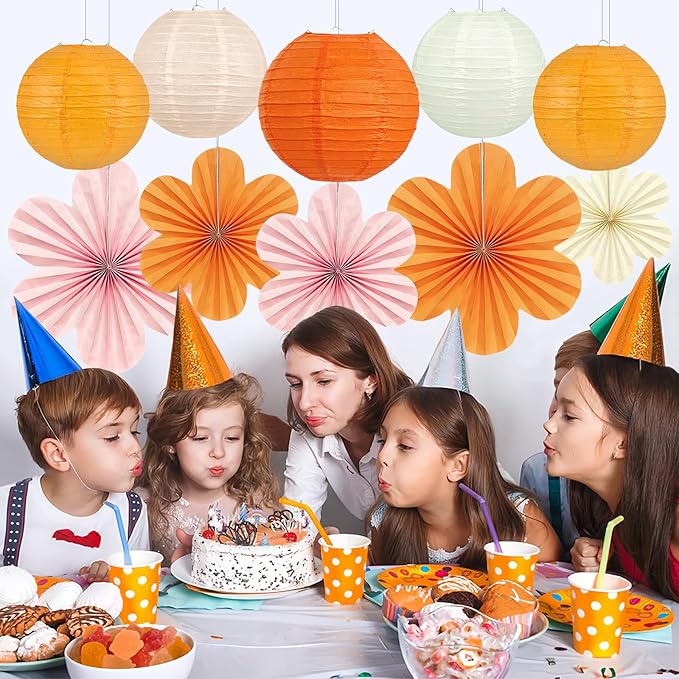 18Pcs Fall Pink and Orange Party Decorations, Hanging Paper Lanterns Flowers - Image 6
