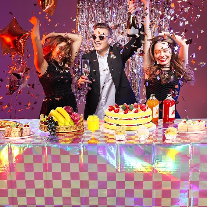 6 Pack Pink and Iridescent Checkered Plastic Tablecloth, Shiny Disposable Laser - Image 7