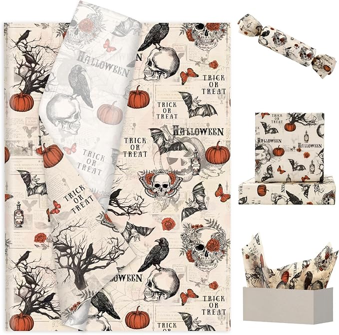 JarThenaAMCS 60 Pcs Halloween Tissue Paper Retro Gothic Skull Crow Pumpkin by JarThenaAMCS