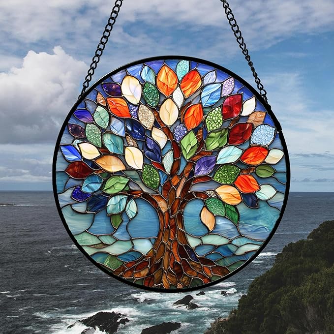 Stained Glass Window Hanging, Colorful Tree of Life Sun Catchers Glass Panel - Image 2
