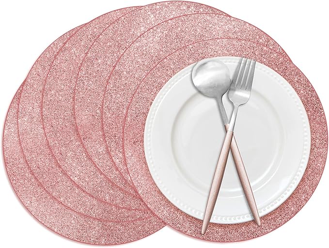 50 Pieces Rose Gold Glitter Paper Place Mats Sparkle 14'' Round Disposable by Datyiiha