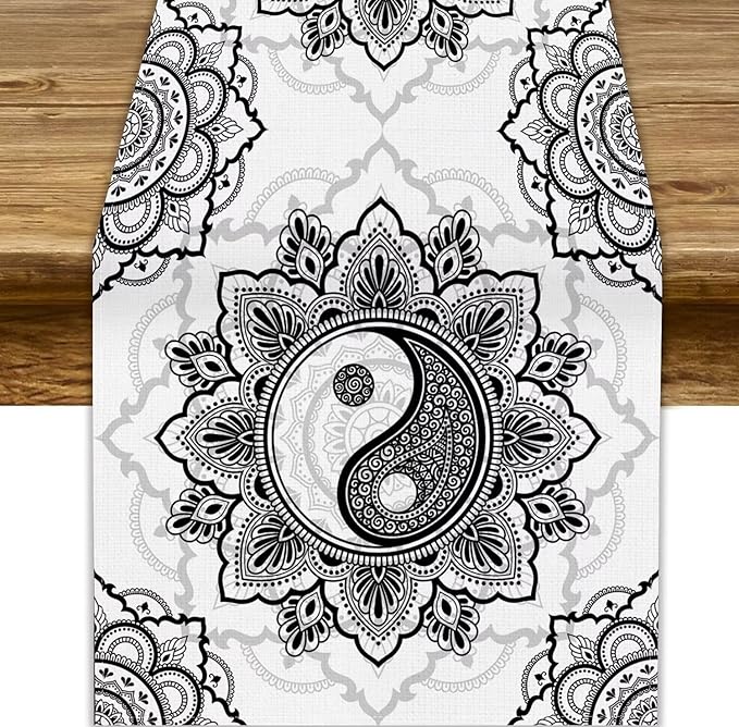 Yin Yang Table Runner, Bohemian Mandala Vintage Black White Traditional by JanJCurt