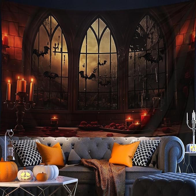 QGHOT Halloween Tapestry Wall Hanging Horror Castle Window Tapestry Gothic - Image 3