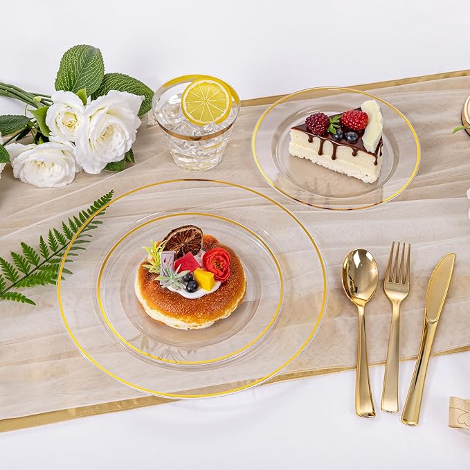 SUT 175 Pcs Gold and Clear Plastic Dinnerware Set - Image 6