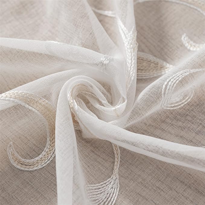 VISIONTEX White Sheer Voile Curtains, Decorative Beige Leaves Embroidery Faux - Image 3
