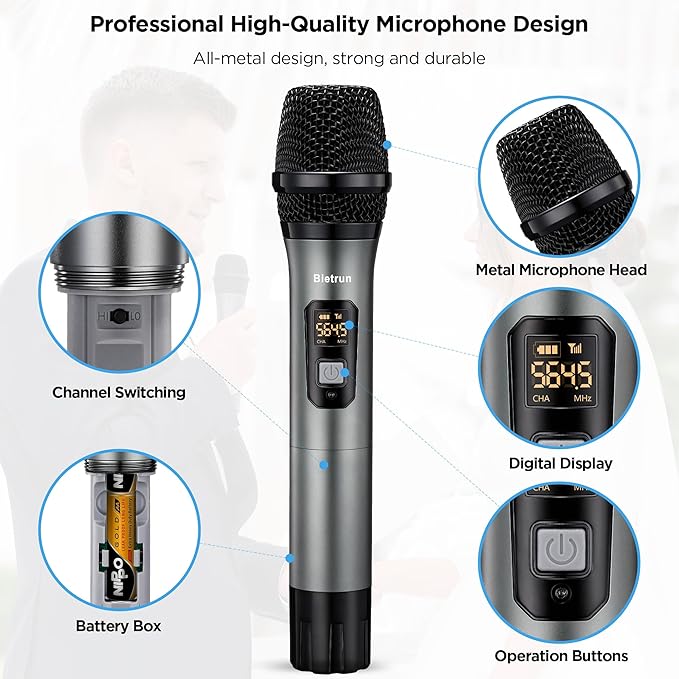 Bietrun XLR Wireless Microphone, UHF Dual Handheld Dynamic Metal Mic Set - Image 5