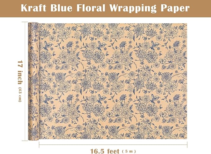 WRAPAHOLIC Kraft Blue Floral Wrapping Paper - Image 3