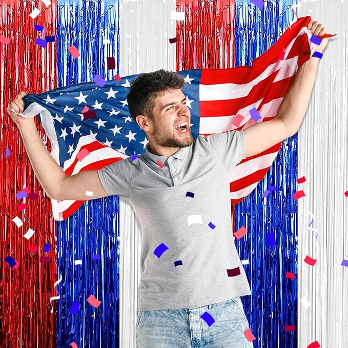 6 Pack White Blue Red Foil Fringe Curtain Backdrop, 3.28Ft x 8.2Ft Metallic - Image 4