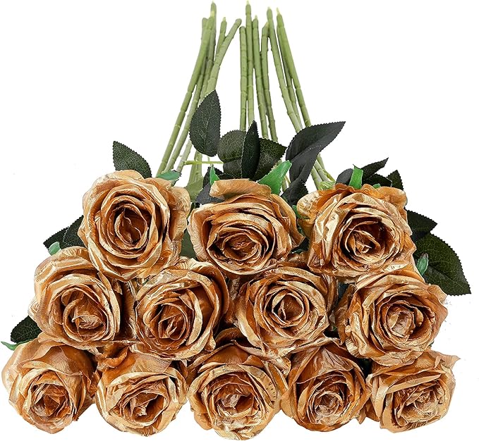 Tifuly Gold Roses Artificial Flowers -12Pcs Realistic Single Long Stem Fake by Tifuly
