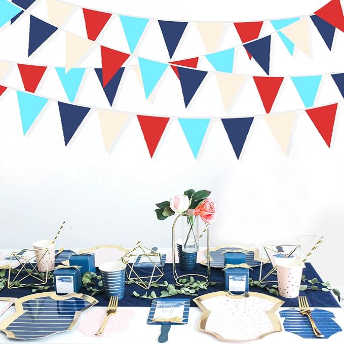 32Ft Red Blue White Nautical Pennant Banner Fabric Triangle Flag Bunting - Image 6