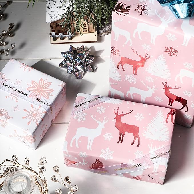 LeZakaa Christmas Pink Wrapping Paper Mini Roll, Reindeer & Snowflake, Metallic - Image 5
