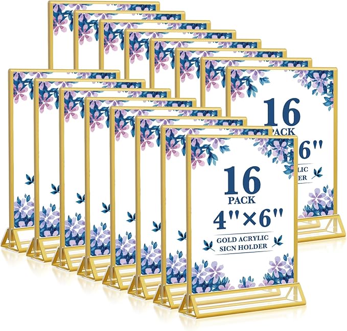 Gold Acrylic Sign Holder 4x6, 16 Pack Wedding Gold Frame Table Number Holders by Unknown