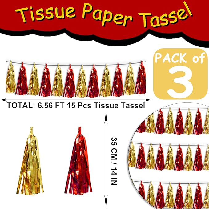 3P Red Gold Metallic Fringe Banner Garland Foil Tinsel Streamer Wall Hanging - Image 2