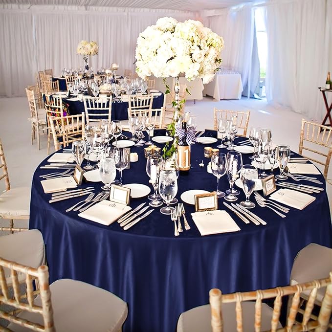 fani 6 Pack 120 Inch Navy Blue Satin Tablecloth - Image 7
