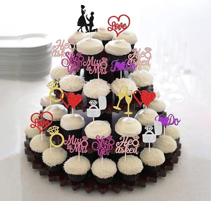 30 PCS Bride to Be Cupcake Toppers Glitter Miss to Mrs I Do Love Heart Ring - Image 6