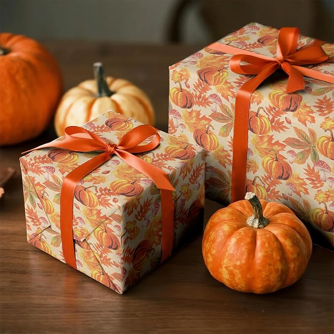 RUSPEPA Fall Wrapping Paper Roll, Mini Roll, Watercolor Pumpkin, Autumn Leaf - Image 4