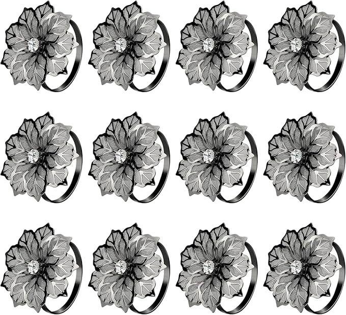 KPOSIYA Flower Napkin Rings Holder Metal Black Napkin Rings Set of 6 by KPOSIYA