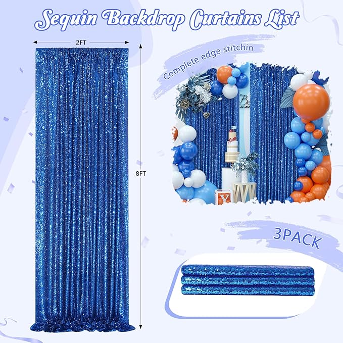 Glitter Backdrop Curtains Royal Blue Sequin Background 3 Packs 2FT x 8FT Sequin - Image 2
