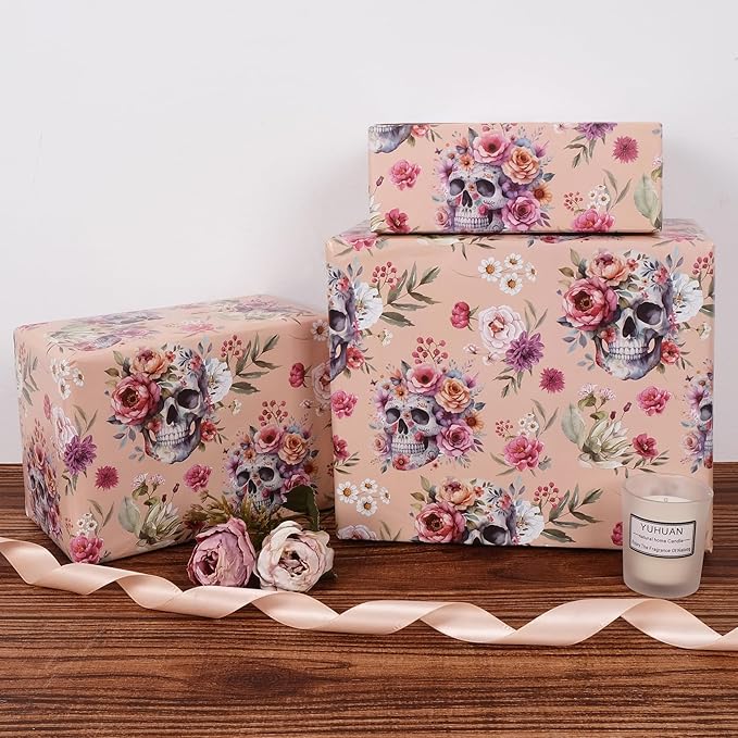 Aimyoo Gothic Wrapping Paper Roll, 17 Inch X 16.5 Fee Skull Floral Berry Design - Image 4