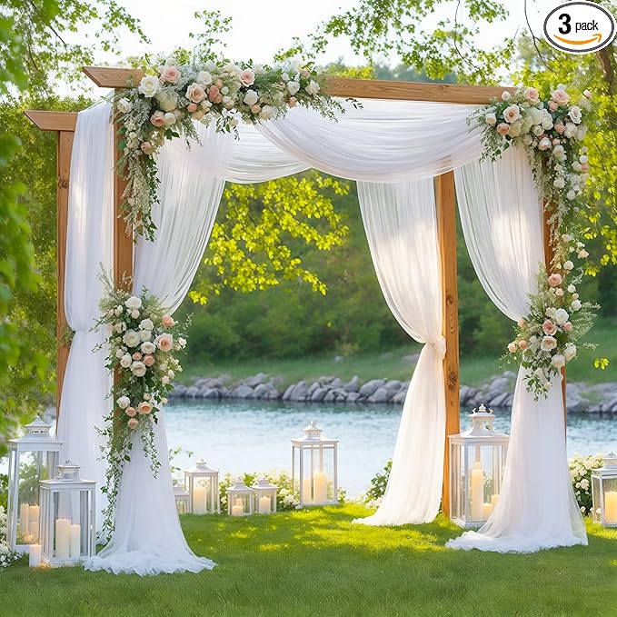 3 Panels Wedding Arch Draping Fabric White Sheer Backdrop Curtain Arch Drape by Besutolife