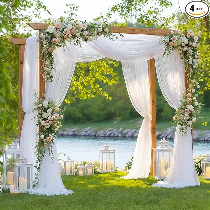4 Panels Wedding Arch Draping Fabric White Sheer Backdrop Curtain Arch Drape by Besutolife