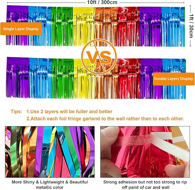 4 Pack 10 Feet Colorful Foil Fringe Garland Rainbow Tinsel Streamers Banner - Image 2
