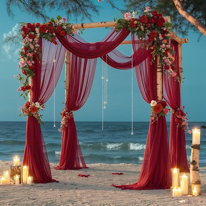 PARTISKY Wedding Arch Draping Fabric, 2 Panels Burgundy Sheer Backdrop Curtain - Image 7