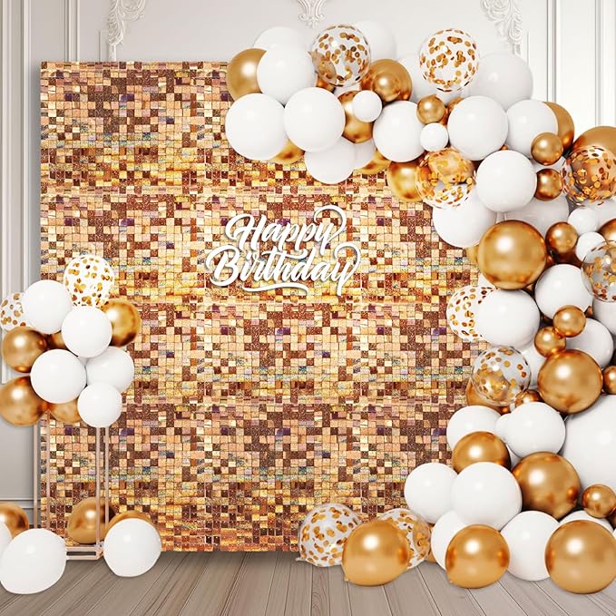 24PCS Champagne Shimmer Wall Backdrop, Laser Square Sequin Photo Backdrops Panel by ZEBMOON