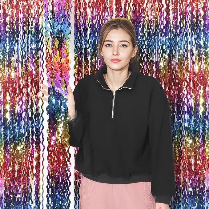 4 Pack Wavy Rainbow Foil Fringe Curtain | 3.3x6.6ft Colorful Tinsel Metallic - Image 3