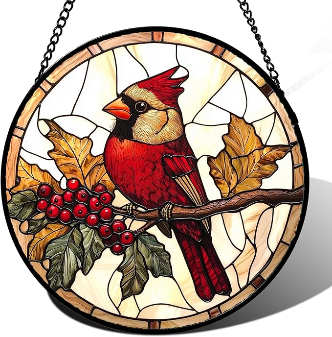 Stained Glass Window Hanging, Birds on a Branch Cardinal Sun Catchers Diamond by DASTOLL