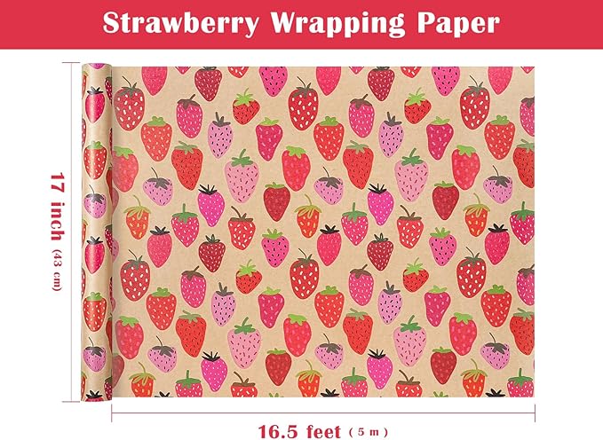 WRAPAHOLIC Kraft Strawberry Wrapping Paper Roll - Image 3