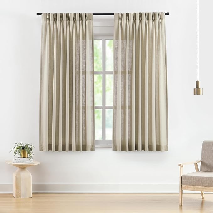 Vision Home Sand Pinch Pleated Semi Sheer Curtains Textured Linen Blended Light by VisionHome