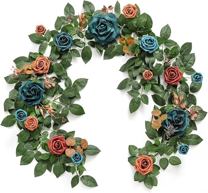 Ling's Moment 5FT Teal Blue Artificial Flower Garland Burnt Orange Rose by LingsMoment