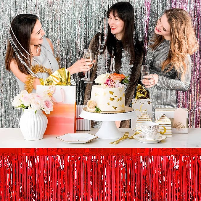 3 Pack 29 x108 Inch Red Foil Fringe Table Skirts Metallic Banner - Image 5