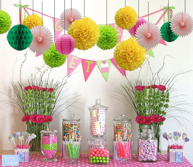 Party Decorations Kit Hanging Paper Fan Tissue Pom Poms Flowers Honeycomb Balls - Image 6