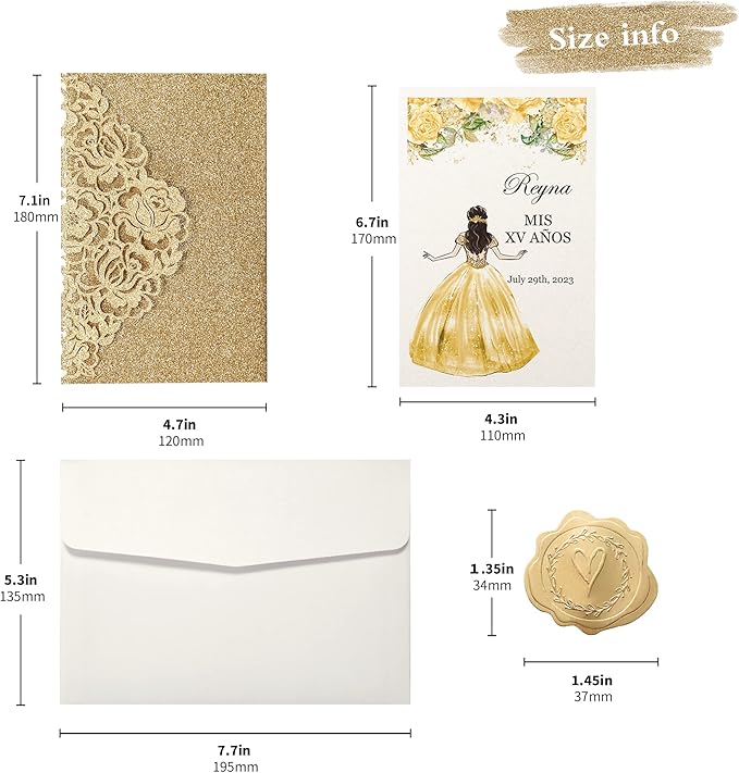 DORIS HOME 50pcs Laser Cut Quinceanera Invitations Gold Glitter, 4.7x7.1 - Image 2