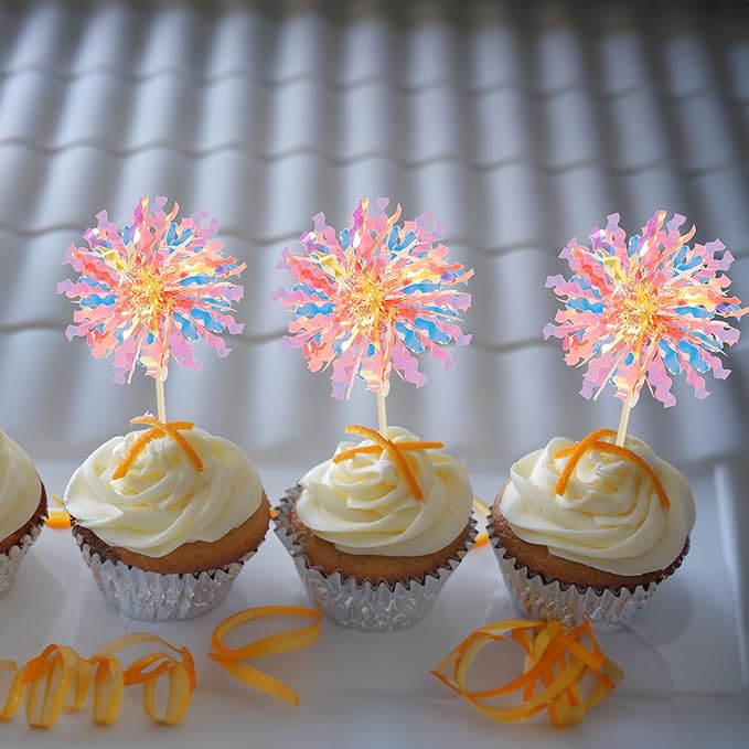 Ephlyn 30Pcs Foil Firework Cupcake Toppers Happy Birthday Cake Toppers Tinsel - Image 7