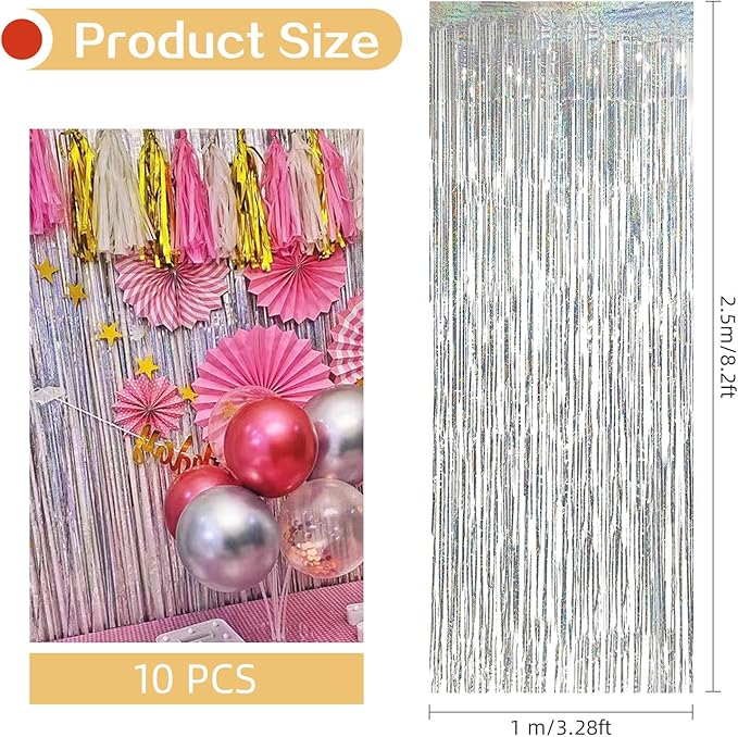 10 Pack Silver Backdrop Curtain 3.2ft x 8.2ft Metallic Tinsel Foil Fringe - Image 3