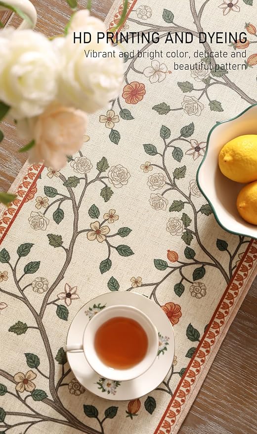 ISAENNE Designer Elegant Linen Floral Table Runner 87 Inches Long, Farmhouse - Image 4