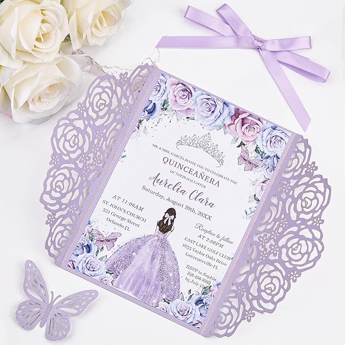 Purple Butterfly Laser Cut Wedding Invitations 50 Set, Hollow Out Rose Shaped - Image 6