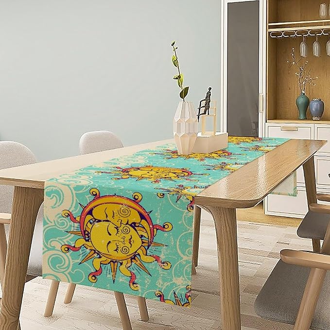 Retro Sun Moon Table Runner, Phase of The Moon Vintage Cloud Table Runner - Image 7