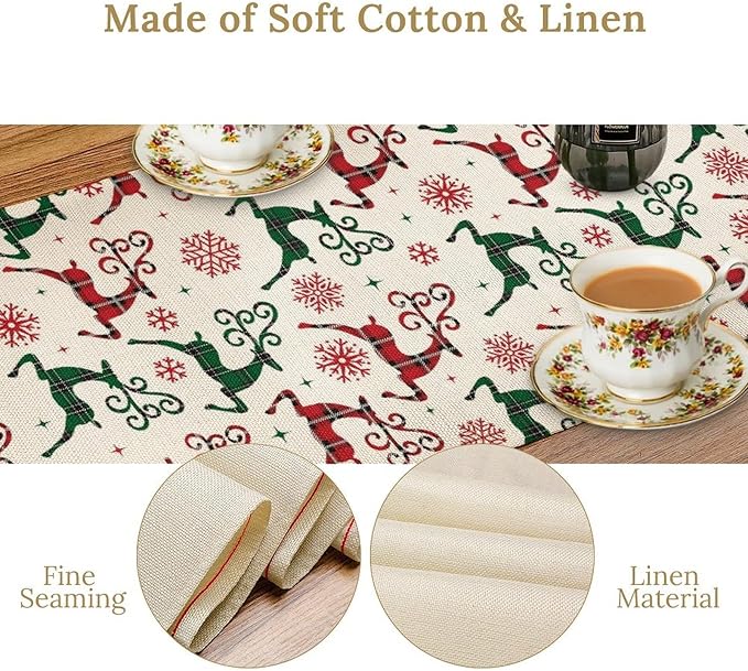 Christmas Table Runner, Christmas Plaid Deer Print Farmhouse Table Cloth - Image 5