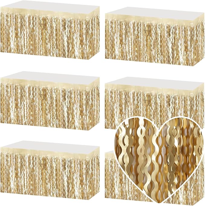 6 Pack 29x108 Inch Champagne Gold Wave Foil Fringe Table Skirts Metallic Banner by Mebiornt